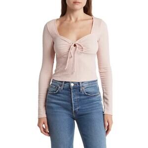 Kirious Long Sleeve Square Neck Tie Front Top Light Pink Size M Coquette Pastel